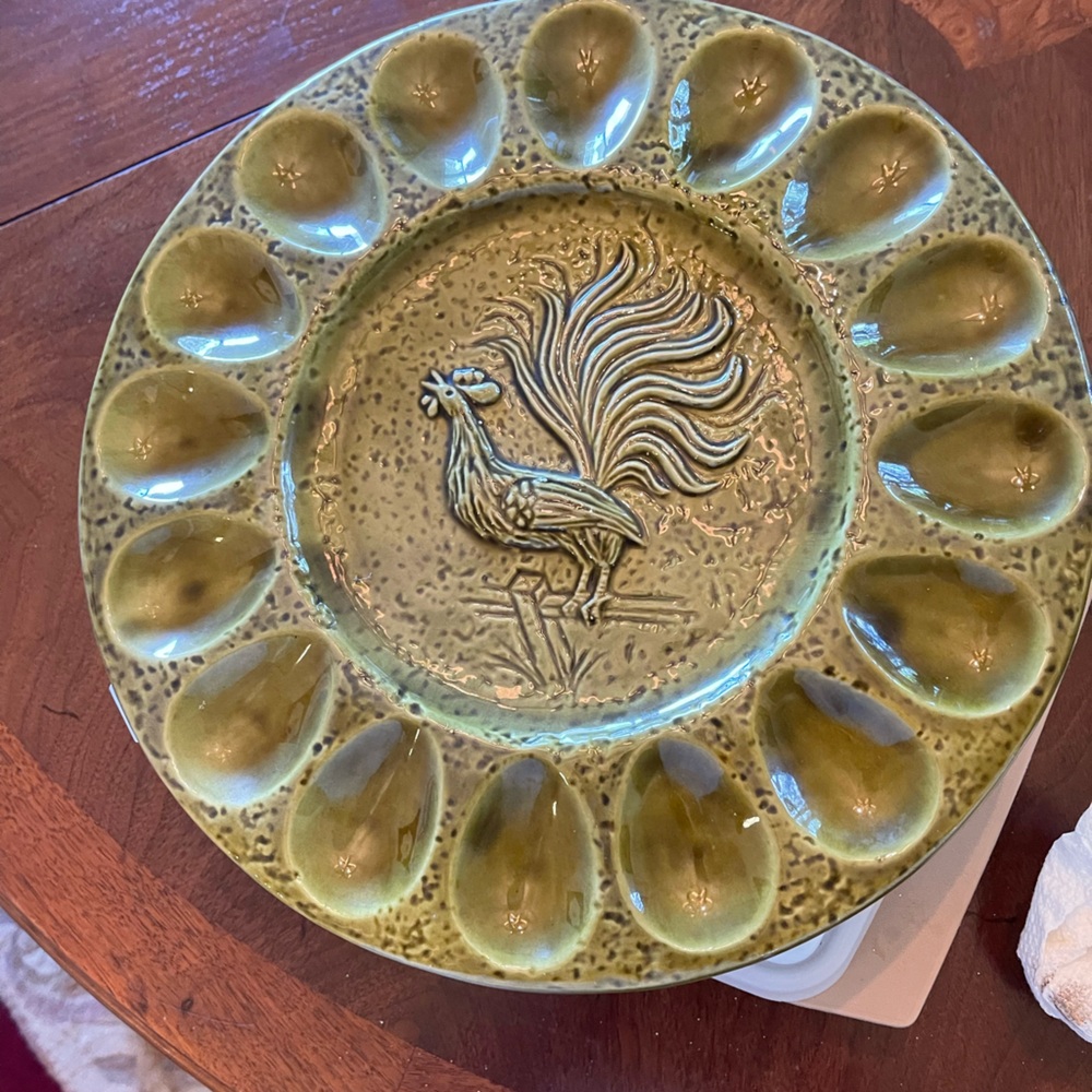 Green Ceramic Egg Plate with Rooster Design